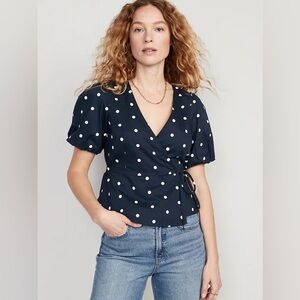 OLD NAVY‎ Waist Defined Puff Sleeve Tie Wrap Blouse in Navy Dots